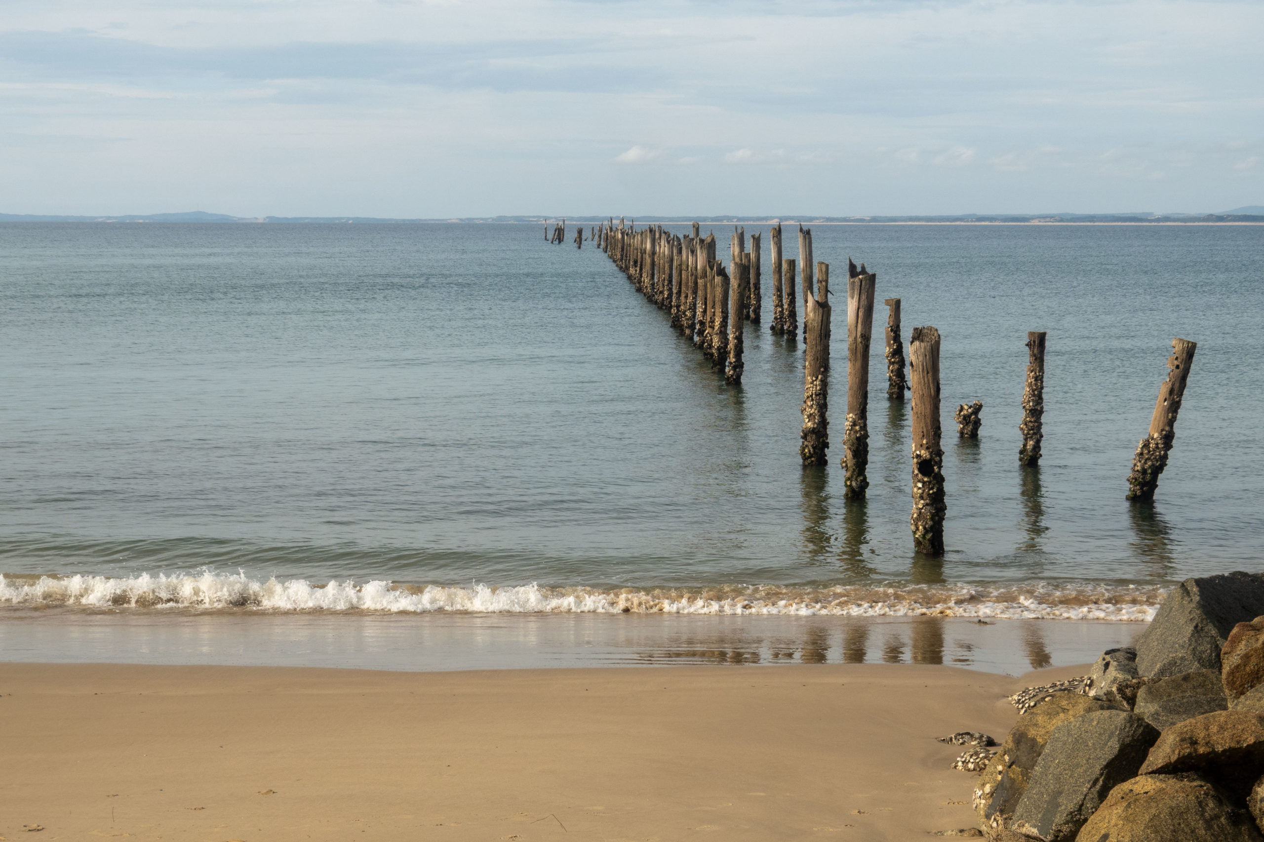 Der alte, jetzt zerfallene Landungssteg bei Bridport. Es rasen nur noch die senkrechten Pfähle aus dem Meer...