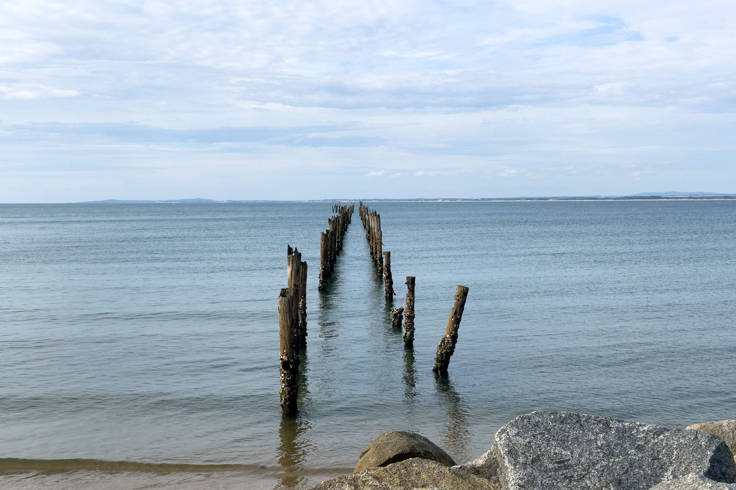 Der alte, jetzt zerfallene Landungssteg bei Bridport. Es rasen nur noch die senkrechten Pfähle aus dem Meer...