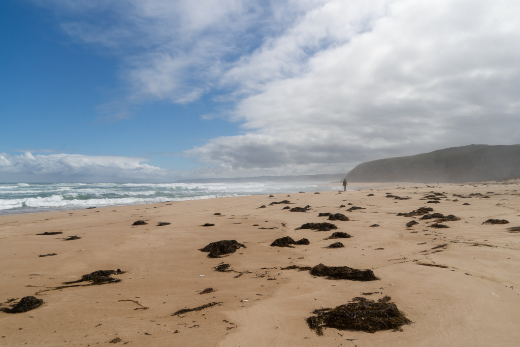 Auch an diesem Strand treibt der Wind Sand und Gischt vor sich her...
