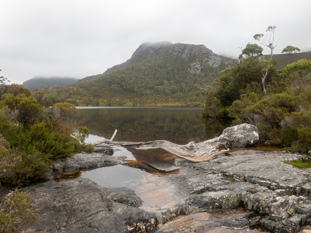 Die wolkenverhangenen Bergspitzen der Cradle Mountains am Lake Lilla