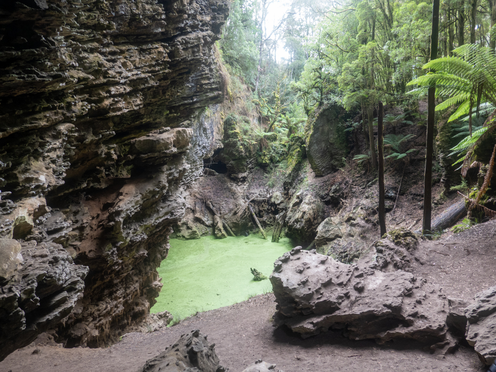 Hinter dem Trowutta Arch: Ein kleiner Tümpel mit Algen und üppige Vegetation