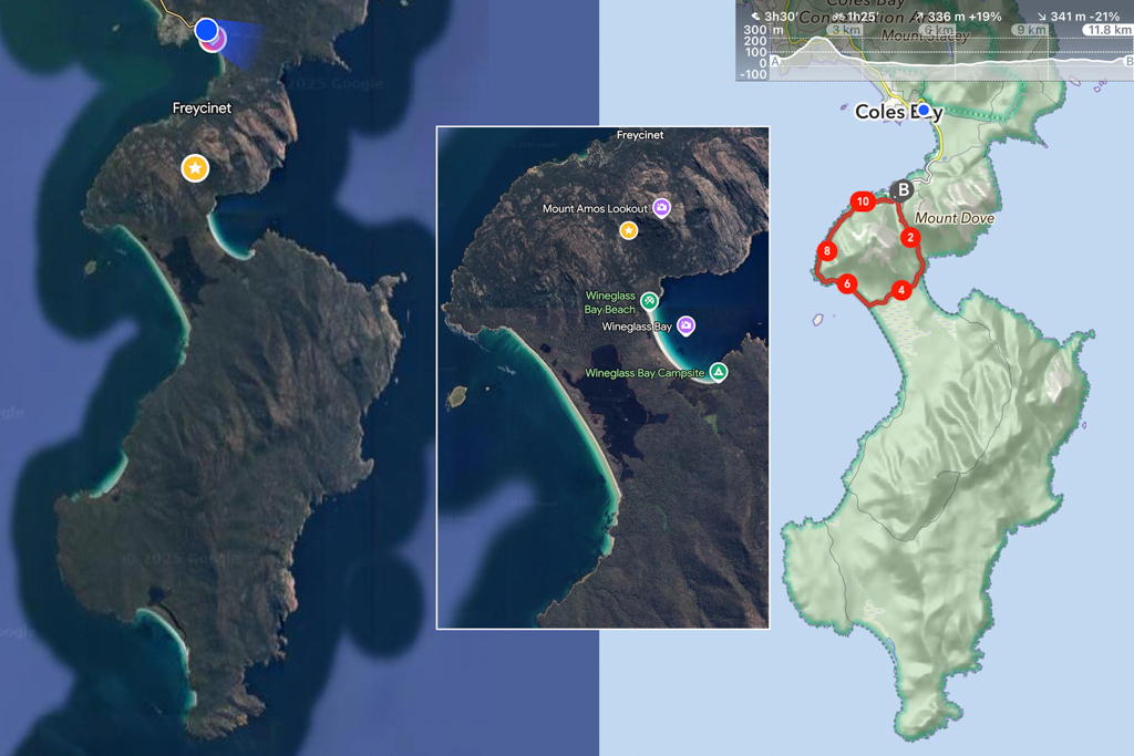 Links eine Übersicht über die Halbinsel. In der Mitte sind links Hazard Bay und rechts Wine Glass Bay zu sehen. Rechts ist Rot unser Wanderweg