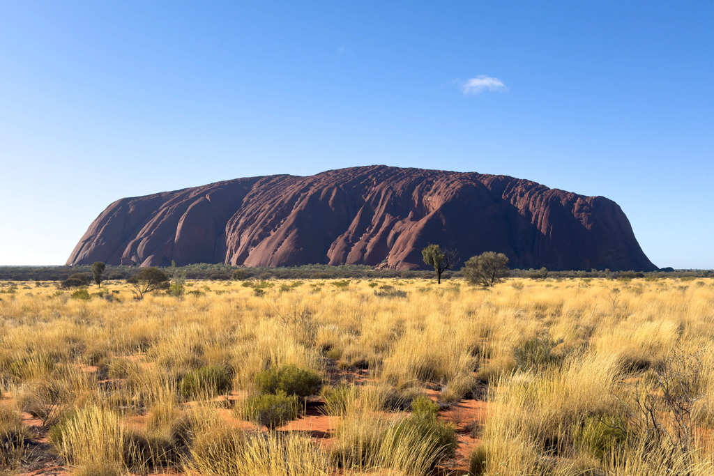 Im tiefen Sonnenlicht sind die Riefen und das zerklüftete Gestein des Uluru deutlich sichtbar