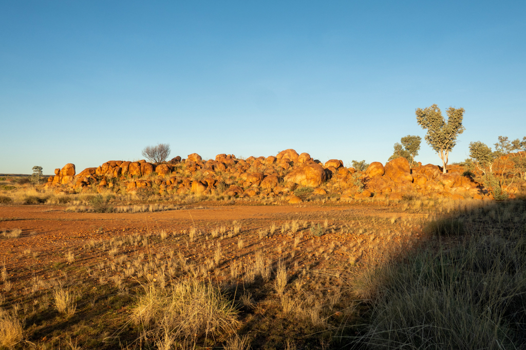 Das letzte Sonnenlicht erleuchtet noch die Devils Marbles hinter unserem Stellplatz