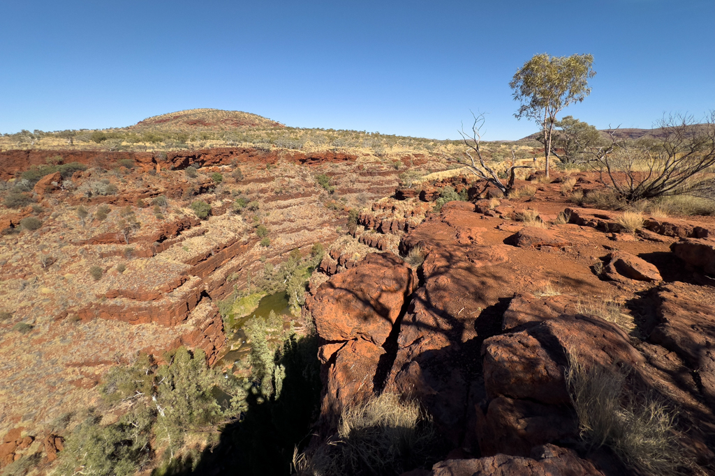 Unter uns ist die Dales Gorge und wer genau hinsieht, kann auch ziemlich in der Mitte ein Wasserloch erkennen