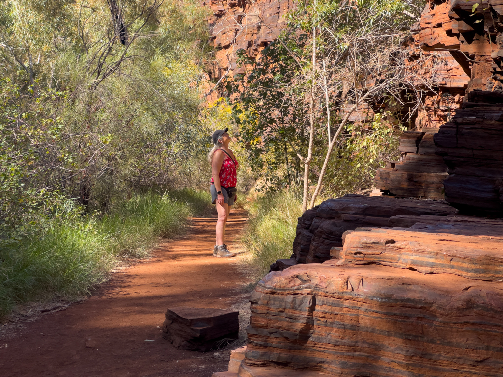 Mit Ma in der Dales Gorge unterwegs; hier ist der Weg mal etwas breiter - in der Gorge ist es saftig grün bewachsen
