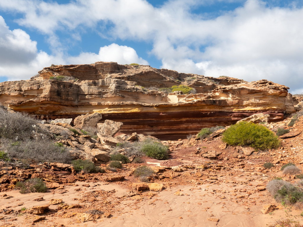 Während unserer Wanderung am Red Bluff entlang sehen wir immer wieder farbige Gesteinsschichten