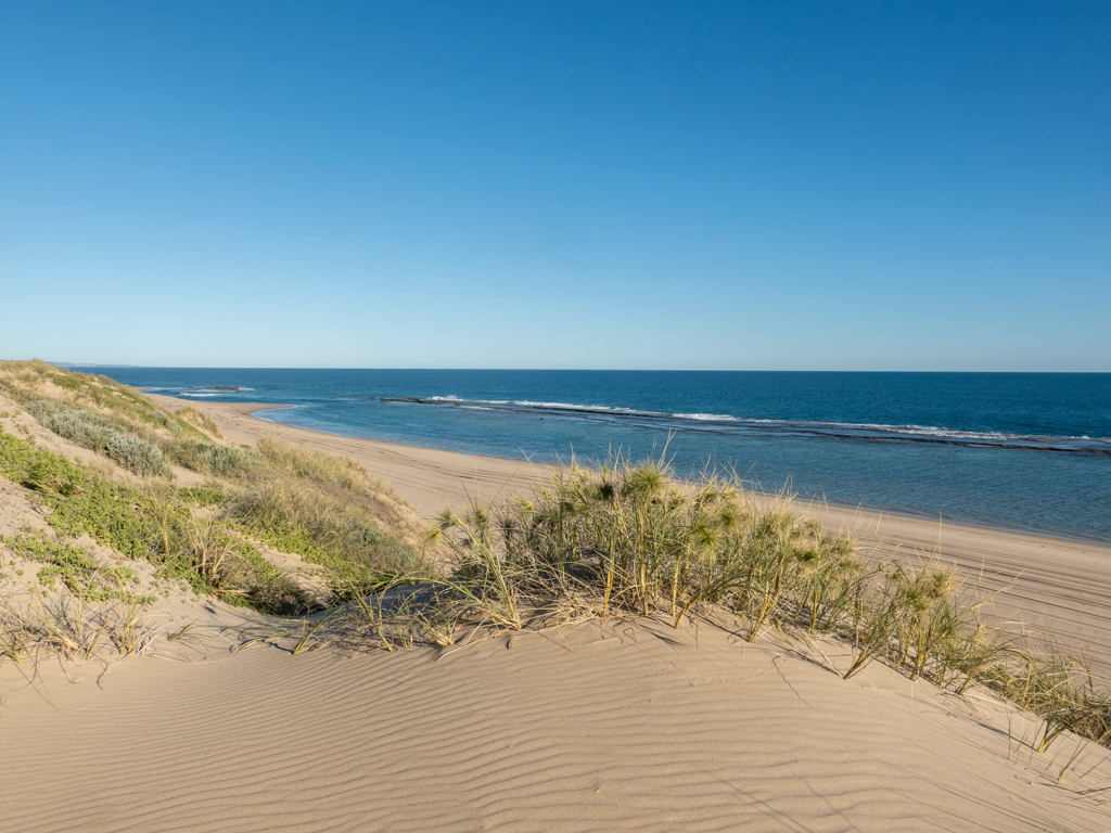 Vom Dünenkamm aus: Der Strand, das Riff und das Meer