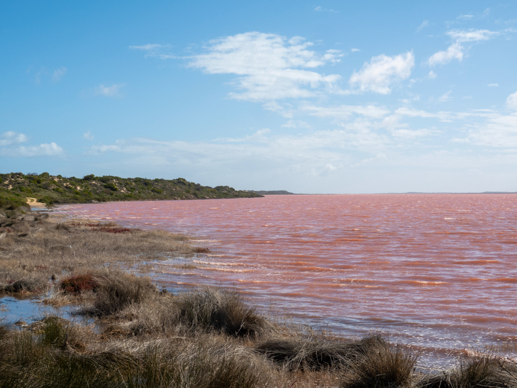 Auf dem flachen Uferweg an der Pink Lagoon unterwegs