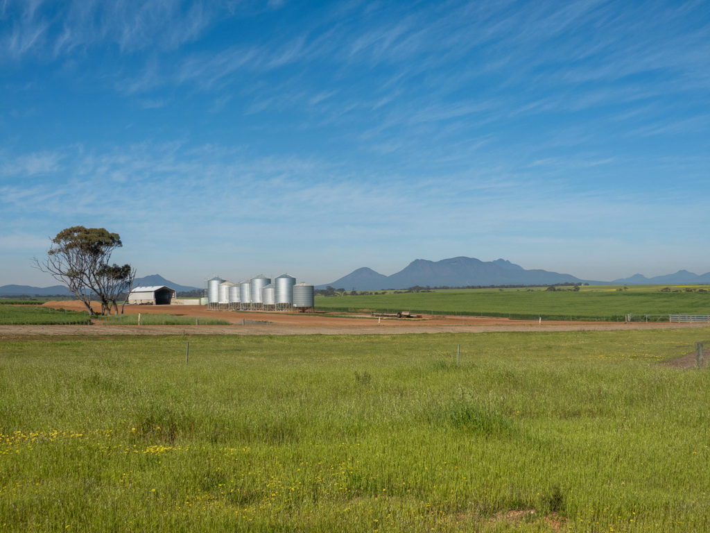 Eine kleine Getreide-Silostation, dahinter die Sterling Ranges; es geht weiter in den Wheat Belt