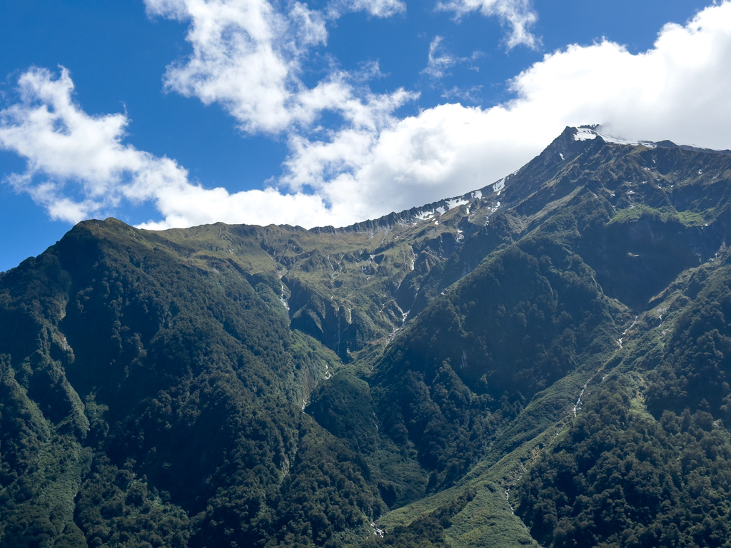 Leicht weisse Bergspitzen entlang des Haast River