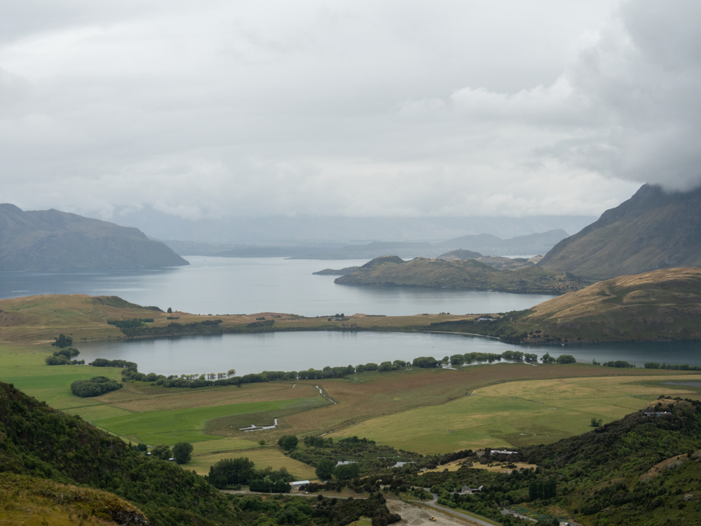 Aussicht auf Glendhu Bay und den weit verzweigten Lake Wanaka mit Umland