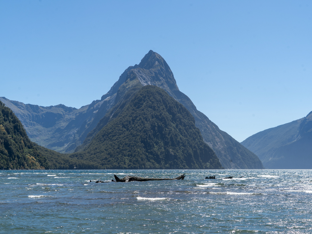 Milford Sound im prallen Sonnenlicht - der Mitre Peak kommt dem Matterhorn sehr nah