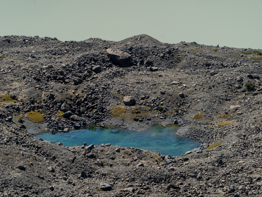 Fast unwirklich: Das steinige Ufer mit kleiner, klarer Pfütze am (gletscher-)milchigen Tasman Lake