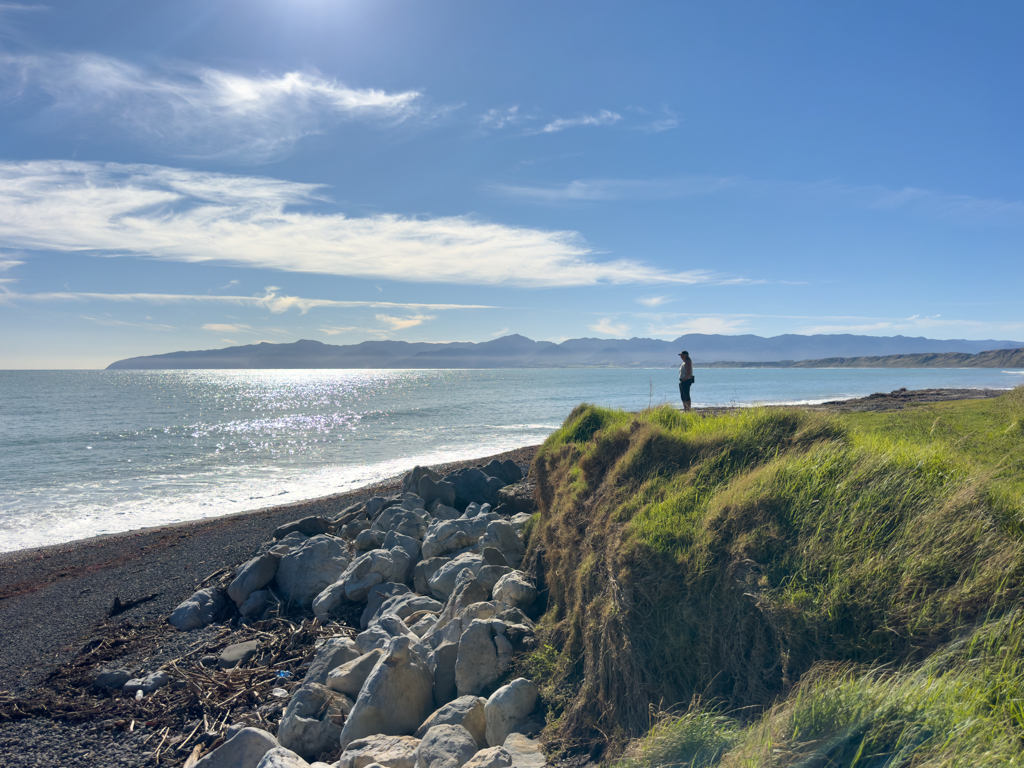 Mit Ma an der Küste der Palliser Bay auf einen Spaziergang unterwegs