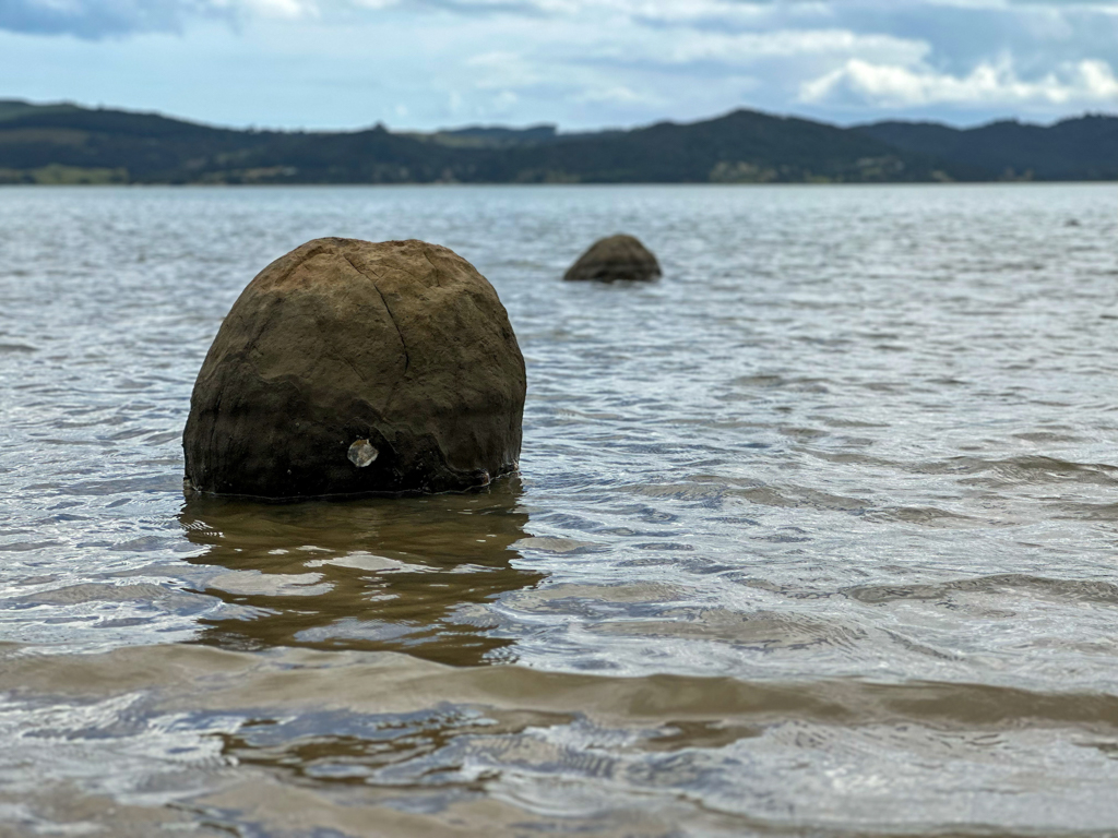 Wie ein Ei ragt einer der Koutu Boulder aus dem Wasser