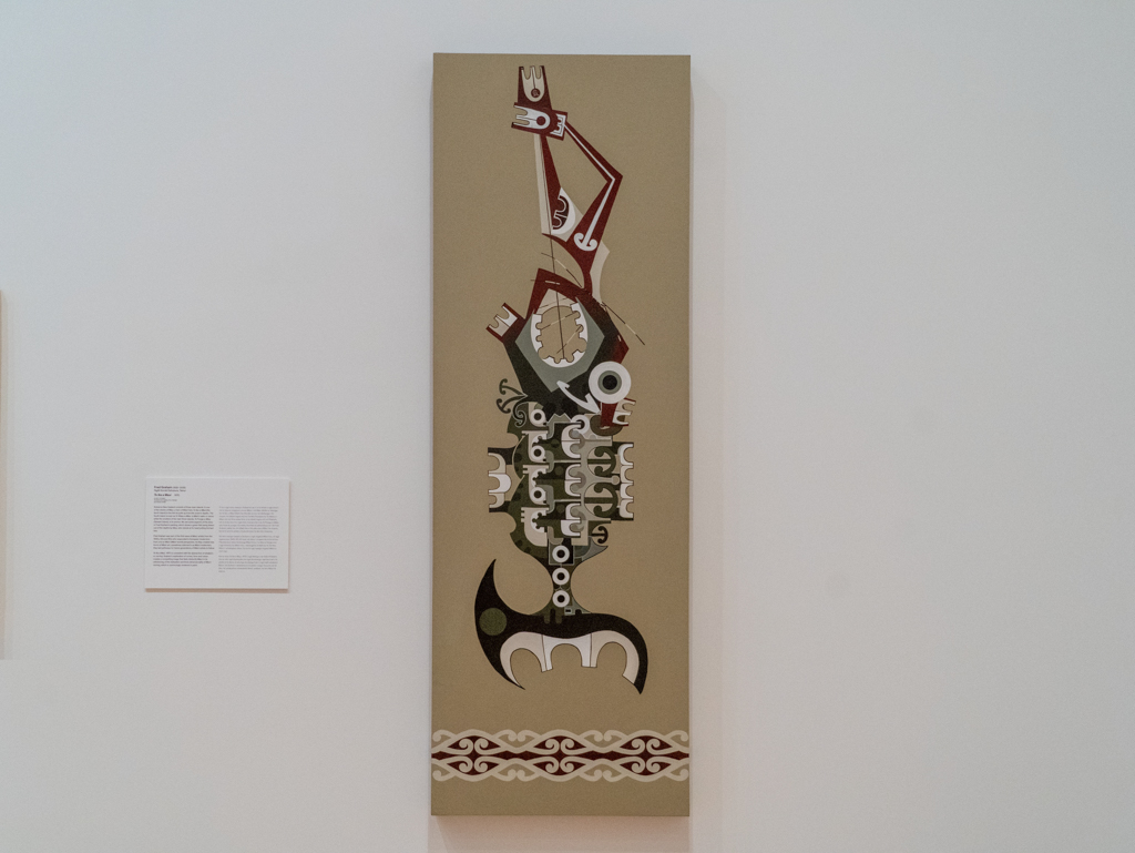 Moderne Kunst mit maorischen Symbolen die beide Inseln Neuseelands darstellt